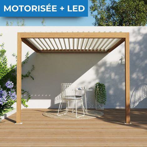 Pergola Bioclimatique Adossée Motorisée Éclairée Aluminium 3x3 Aspect Bois SV ORIAL France (1/5)