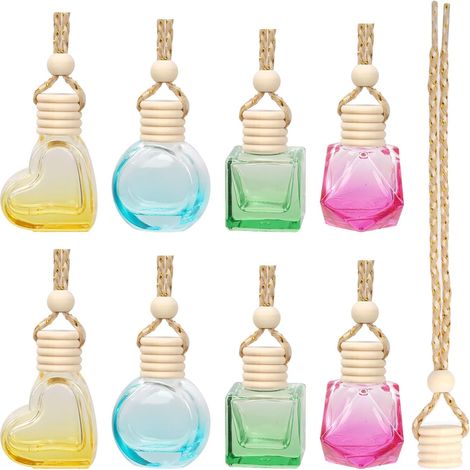 12pcs 6/8/10ml suspendu diffuseur d'assainisseur d'air de voiture ensemble, cœur/carré/oblate/diamant suspendu en forme de verre clair bouteille de pendentif de parfum (1/5)