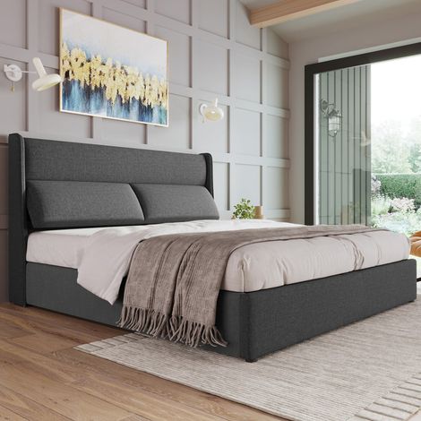 Lit double 160 x 200 cm gris en lin, têtières réglables, sommier métal, coffre hydraulique, sans matelas (1/5)