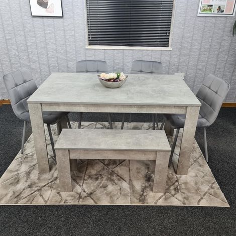 Dining Table and 4 Chairs With Bench Stone Grey Effect Wood Table 4 Grey Leather Chairs Dining Room (1/5)