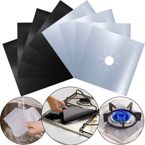 8 pièces Plaque de Cuisson à Gaz Protection d'écran Anti-adhésif Réutilisable Protection Cuisinière Gazinière Tapis, 10.6 x 10.6 inch Argenté Noir- (1/4)