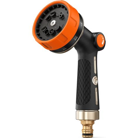 Pistolet Arrosage en Métal Robuste, 10 Formes de Pulvérisation, Contrôle de Débit au Pouce, Pistolet Tuyau Arrosage pour L'arrosage et le Nettoyage du Jardin, Orange (1/5)