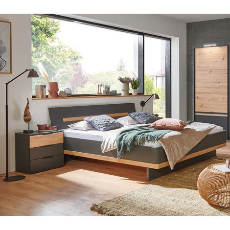 Lit adulte double 160x200cm Queen Size + 2 chevets coloris graphite/imitation chêne artisan - Longueur 168 x Profondeur 210 x Hauteur 85 cm -PEGANE- (1/4)