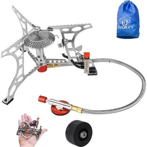 Réchaud Camping Portable avec Pare-Vent et Allumage Piézoélectrique Réchaud Gaz INOX Robuste avec Tuyau de Préchauffage et Adaptateur, pour Camping, Randonnée, Trekking et Pique-Nique (1/5)