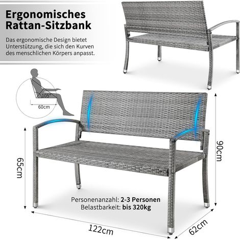 Rattan Gartenbank, Outdoorbank, 2-Sitzer Balkonbank, Gartenmöbel, doppelseitiges Rattan, 122x62x90cm, grau (1/5)