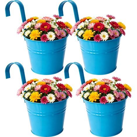 4 Pièces Suspension En Métal Pots De Fleurs avec trous de drainage,16cm Pots de Plantes Seau à Fleurs mural avec Crochet Détachable, Pour Balcon Clôture Jardin Décor à La Maison (Bleu foncé) (1/5)