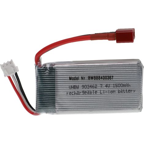 vhbw Battery compatible with T-plug AWG16 Plug for Model Making Device e.g. Racing Car, Helicopter (1500mAh, 7.4 V, Li-polymer, 68 x 34 x 18.5 mm)