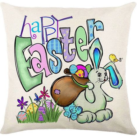 Housse De Coussin Paques - Motif Lapin Et Oeufs - Tissu Lin Mixte Polyester - Fermeture Eclair Cachee - 45 x 45 cm - Lot De 4 (1/5)