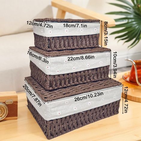 Set mit 3 gewebten Aufbewahrungskörben mit Deckel und Futter – Stapelbare rechteckige Boxen für Schlafzimmer, Badezimmer, Regale (Dunkelbraun) (1/4)