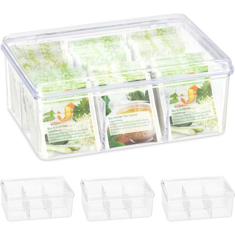 4 Cajas para Té e Infusiones, 6 Compartimentos, Bote Para 90 Bolsitas, Tapa Abatible, 9 x 21,5 x 14,5 cm, Transparente