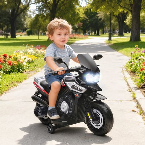 Elektro-Motorrad für Kinder von 18-36 Monaten, Aufsitz-Fahrzeug, Hilfsräder, Lichter, Musik, Kunststoff, Stahl, Schwarz (1/5)
