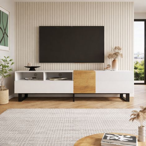 Meuble TV 180 cm avec 2 portes et 2 compartiments ouverts, Meuble Tele avec 2 tiroirs, Meuble TV Bois pour salon, blanc et bois (1/5)