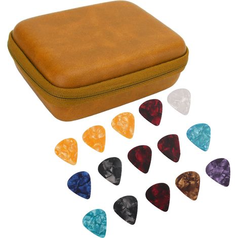Ensemble de pochettes pour médiators, grande capacité, imperméable, boîte de rangement de haute qualité en tissu EVA protecteur, comprend 15 médiators, jaune (avec sangle). (1/5)