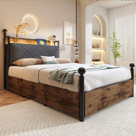 lit chambre adulte rangement 90x190 métal bois noir HAVRYA (1/5)