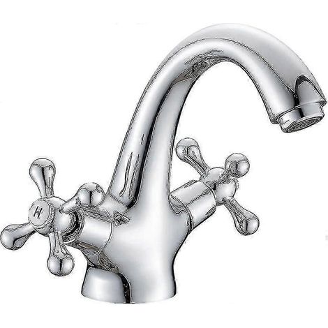 Robinet mitigeur de lavabo monobloc victorien traditionnel, style vintage, chromé, à double poignée en croix (cadeau) (1/4)