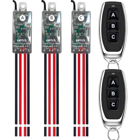 Interrupteur sans fil 12 V, 3 voies. DC 5 V/12 V/24 V/5 A Mini relais interrupteur sans fil télécommande 50 m longue distance pour plafonniers, bandes LED. (1/5)