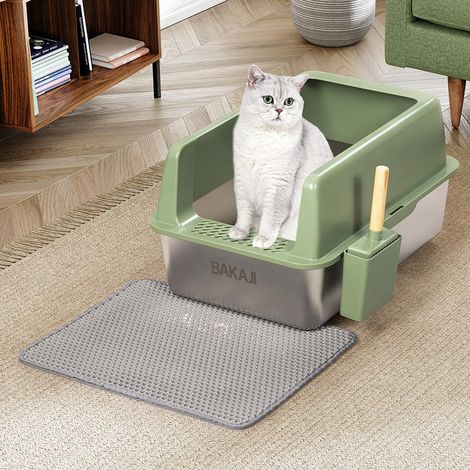 Litière pour Chat XXL Vert Ouverte avec Base en Acier avec Bord Anti-Sable, Pelle pour Collecte et conteneur, Tapis Anti-saleté, Base antidérapante, capacité 35 L, 60 x 40 x 30 cm (1/5)
