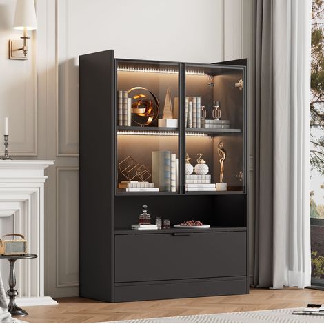 Vitrina con almacenamiento e iluminación LED, 120 x 80 x 35 cm, negro mate DESVIAE (1/5)
