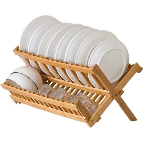 Égouttoir à Vaisselle en Bambou, Porte-Ustensiles, Égouttoir Pliable en Bois à 2 Niveaux (1/5)