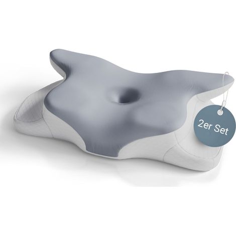 Cuscino ortopedico per il collo in memory foam 2 pezzi bianco grigio Cuscino di sostegno per il collo contro le tensioni e i dolori cervicali (1/3)