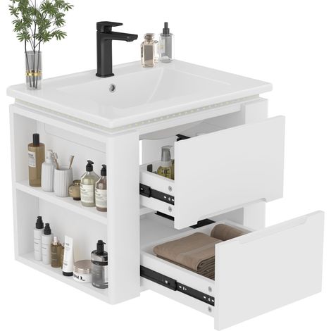 Mobile sottolavabo sospeso con 2 Cassetti, 2 Ripiani laterali e Luce LED con Sensore, in MDF e Ceramica, 60 x 46 x 48.5 cm, Bianco (1/5)