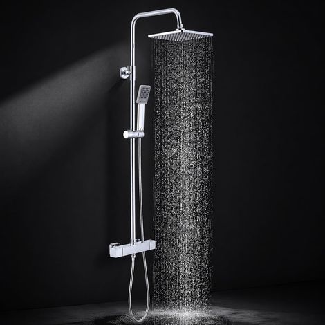 Système de douche avec thermostat chromé – Robinet de douche en acier inoxydable avec robinet avec blocage de sécurité à 38 °C, douchette à main ABS, pommeau de douche, barre de douche (1/5)