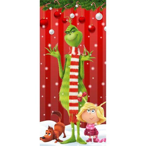 Décoration de porte Grinch vert, tissu d'ambiance, rideau de porte suspendu, bannière - 90 x 180 cm (œillets + ruban) - Style 32