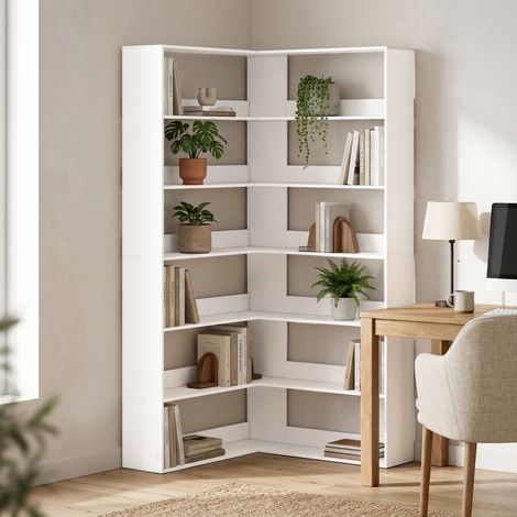 Bibliothèque à 7 étagères, étagère d'angle en L avec dos antidérapant, blanche aspect bois (1/5)