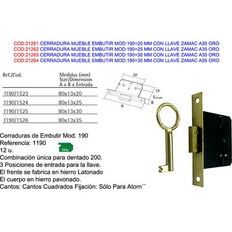 cerradura mueble embutir mod 190 20 mm con llave zamac a35 oro