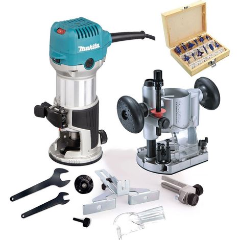 Makita RT0702CX4 240V 1/4"" Router Laminate Trimmer Guide Plunge Base + 12PC Set (1/5)
