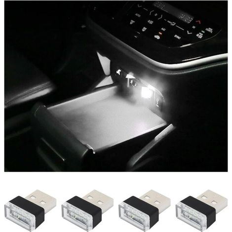 Lot de 4 lampes LED USB pour intérieur de voiture, éclairage décoratif USB enfichable, accessoires universels pour la plupart des voitures (blanc) (1/4)