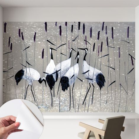 Papier peint autocollant adhésif avec motifs pour salon et chambre accessoire stylé pour votre intérieur Grues harmonieuses 152x104 cm (1/5)