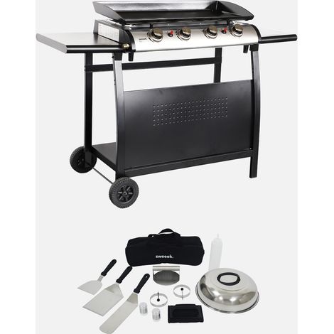 Plancha de gas 4 quemadores de acero inoxidable con carrito y utensilios, 10kW