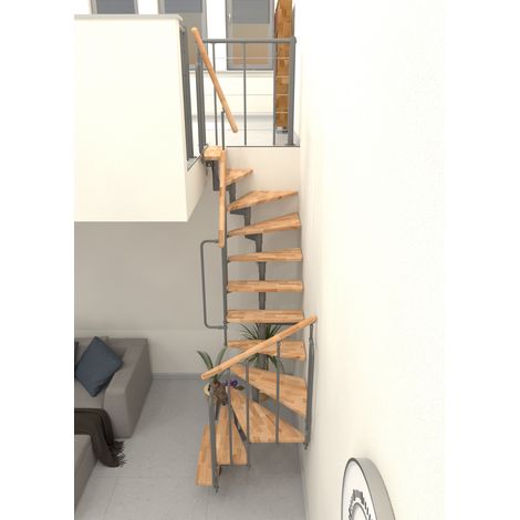 platzsparende gerade Treppe 12 Stufen - erreichbare Höhe 2.06 bis 2.81m - Graue Struktur und Buchenfarbene Stufen - JOKERT180-SGMHE-12 (1/5)