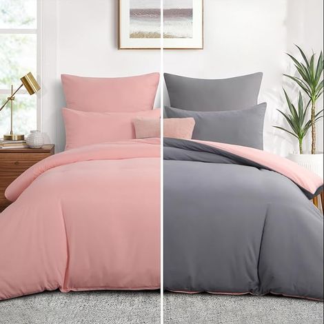 Housse de Couette 200x200 Réversible - Parure de Lit Bicolore 200 x 200 Adulte 2 Personnes avec Fermeture Éclair, Taies d'oreiller 65x65, Rose et Gris (1/3)