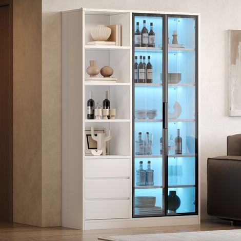 Vitrine haute 100x35x160 cm avec LED, 2 portes en verre trempé, 3 tiroirs, 4 niches ouvertes, étagère réglable, MDF blanc pour salon (1/5)