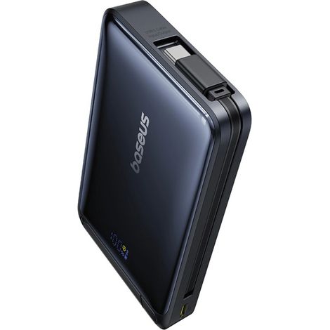 Baseus Nomos 10000mAh 30W Qi2 Powerbank mit MagSafe-kompatiblem Ständer und integriertem USB-C-Kabel – Schwarz