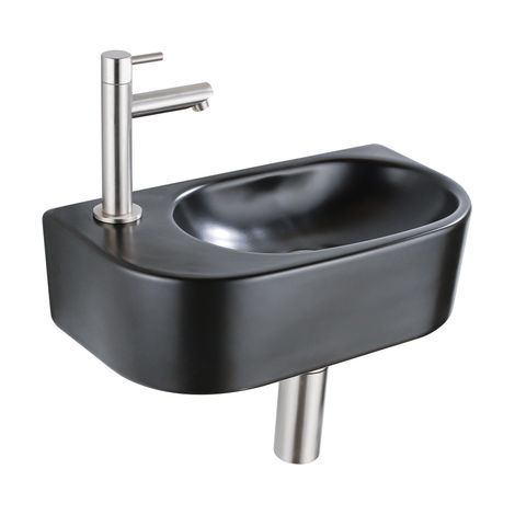 QeramiQ Fuente Ensemble lave-mains - 40x21,5x12cm - gauche - lisse - semi-circulaire - 1 trou de robinet - céramique - robinet de lavabo en inox