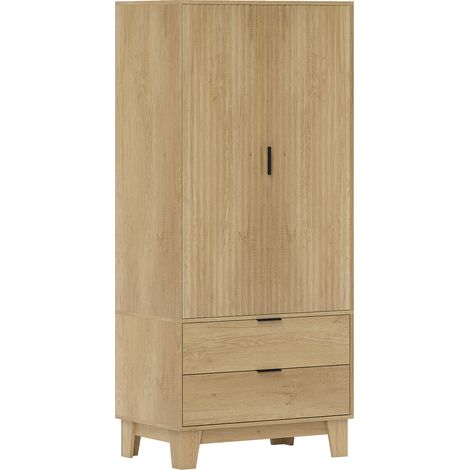Armoire Fromont Penderie 2 Portes Cannelées Tiroirs Effet Bois Clair Naturel Silencieuse