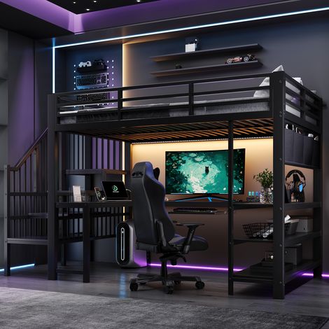 Lit mezzanine gaming 120x200 cm en métal avec bureau en U, LED, prise EU, étagères et escalier avec rangements - Noir (1/5)