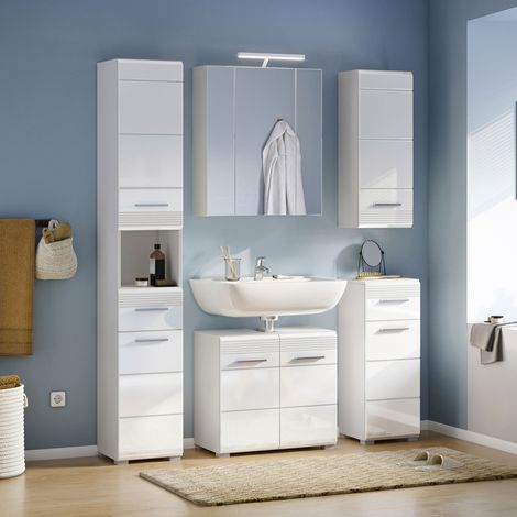 Ensemble 5 meubles de salle de bain + lampe blanc brillant - KUEDA