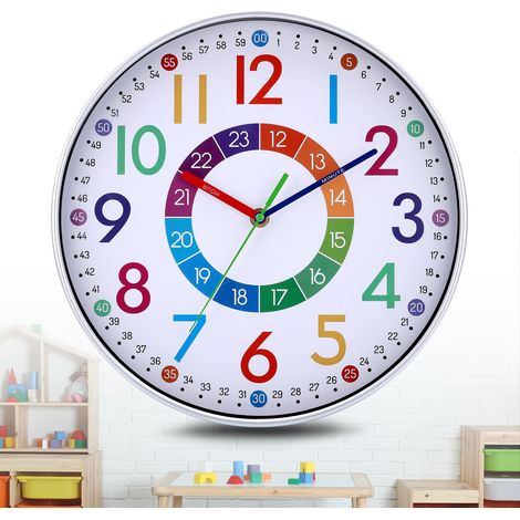 Lern-Wanduhr für Kinder, Ø 30 cm, bunte, geräuschlose Wanduhr mit leicht lesbaren 3D-Zahlen, digitale Wanduhr für Schule, Kinderzimmer, Wohnzimmer