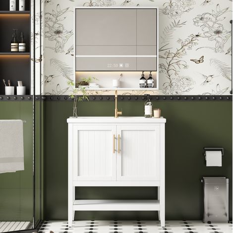Mobile bagno autoportante con lavabo in ceramica, vani a giorno, struttura stabile, in MDF bianco (1/5)
