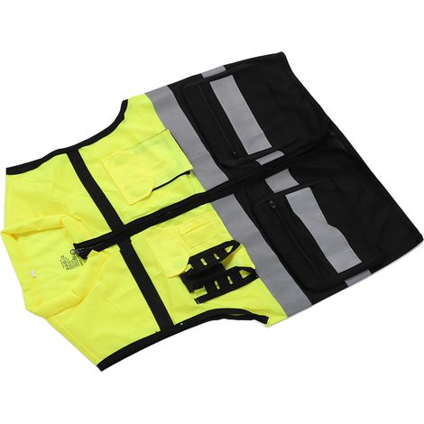 Gilet de sécurité réfléchissant jaune et noir XL multifonction ajustable en tricot chaîne haute visibilité (1/5)