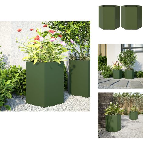 Garten-Pflanzgefäße 2 Stk.Olivgrün Sechseckig 46x40x45 cm Stahl - Pflanzkübel - Pflanzgefäß - Hochbeet - Blumenkasten