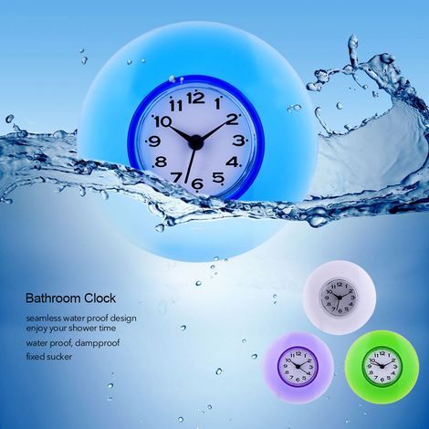 Mini horloge murale à ventouse pour salle de bain ou cuisine, étanche, à quartz, bleue. (1/5)