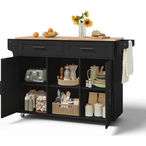 145 x 45 x 94,5 cm, multifunktionale mobile Kücheninsel mit klappbarer Arbeitsplatte, verstellbaren Regalen, 5 Rollen, verdeckter Besteckschublade – geeignet für Küchen, Esszimmer, Wohnzimmer usw,schw