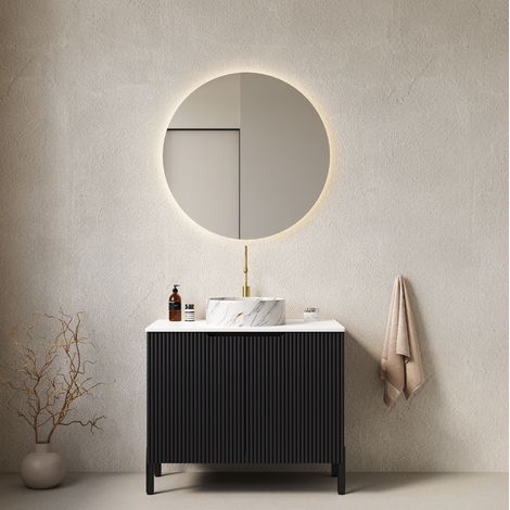 Meuble vasque au sol 76 cm noir avec vasque ronde en céramique et plan blanc OKWISH (1/5)