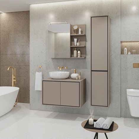 Ensemble meuble sous-vasque 80 cm colonne et armoire miroir Sophéa Taupe (1/5)
