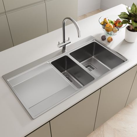 Kitchen Sink 1.5 Bowl LH Drainer Stainless Steel Modern Inset Strainer Waste